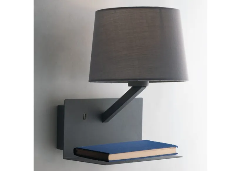 Wandlampe CIAK Grau mit Stoff Lampenschirm, USB Lampe mit Ladefunktion & Ablage