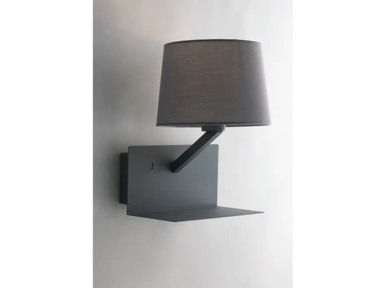 Wandlampe CIAK Grau mit Stoff Lampenschirm, USB Lampe mit Ladefunktion & Ablage