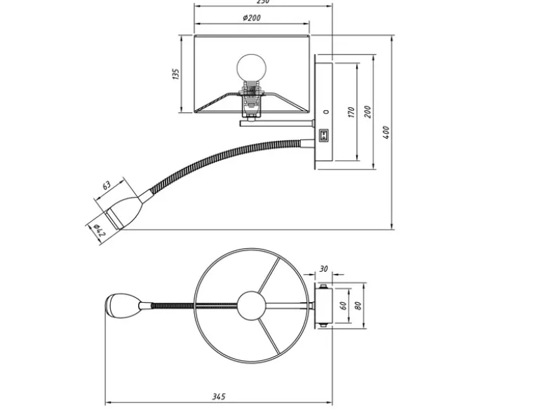 Wandlampe HOTEL mit Leselampe, Schalter & Stecker, Stoffschirm Weiß, Höhe 23,5cm