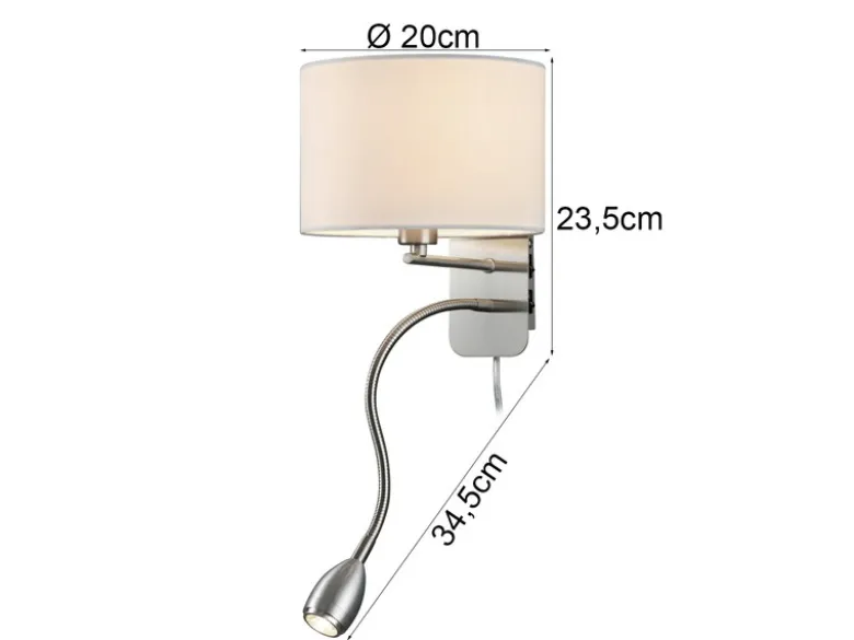Wandlampe HOTEL mit Leselampe, Schalter & Stecker, Stoffschirm Weiß, Höhe 23,5cm