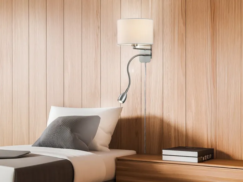 Wandlampe HOTEL mit Leselampe, Schalter & Stecker, Stoffschirm Weiß, Höhe 23,5cm