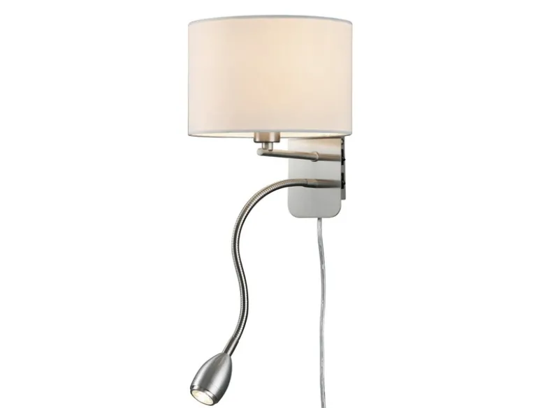 Wandlampe HOTEL mit Leselampe, Schalter & Stecker, Stoffschirm Weiß, Höhe 23,5cm