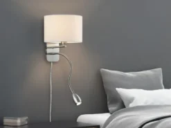 Wandlampe HOTEL mit Leselampe, Schalter & Stecker, Stoffschirm Weiß, Höhe 23,5cm
