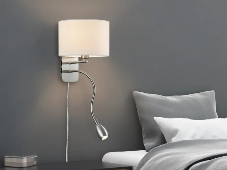 Wandlampe HOTEL mit Leselampe, Schalter & Stecker, Stoffschirm Weiß, Höhe 23,5cm