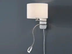 Wandlampe HOTEL mit Leselampe, Schalter & Stecker, Stoffschirm Weiß, Höhe 23,5cm
