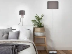 Wandlampe HOTEL mit Leselampe, Schalter & Stecker, Stoffschirm Grau, Höhe 23,5cm
