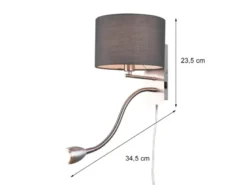 Wandlampe HOTEL mit Leselampe, Schalter & Stecker, Stoffschirm Grau, Höhe 23,5cm