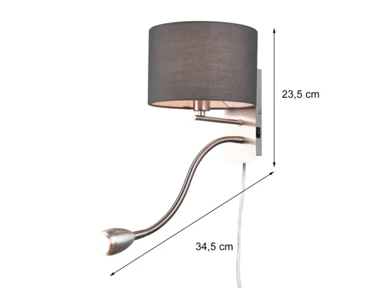 Wandlampe HOTEL mit Leselampe, Schalter & Stecker, Stoffschirm Grau, Höhe 23,5cm