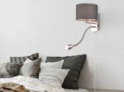 Wandlampe HOTEL mit Leselampe, Schalter & Stecker, Stoffschirm Grau, Höhe 23,5cm