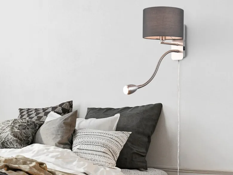 Wandlampe HOTEL mit Leselampe, Schalter & Stecker, Stoffschirm Grau, Höhe 23,5cm