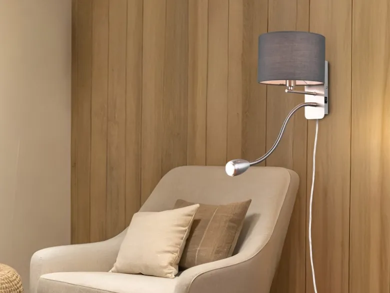 Wandlampe HOTEL mit Leselampe, Schalter & Stecker, Stoffschirm Grau, Höhe 23,5cm