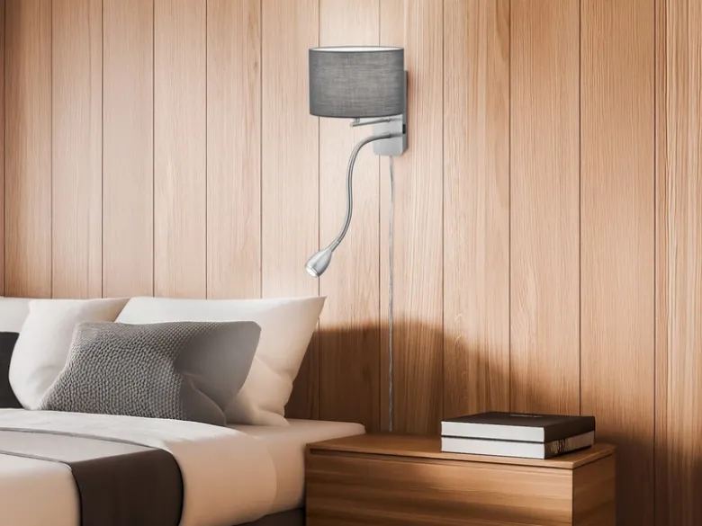 Wandlampe HOTEL mit Leselampe, Schalter & Stecker, Stoffschirm Grau, Höhe 23,5cm