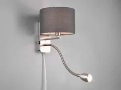 Wandlampe HOTEL mit Leselampe, Schalter & Stecker, Stoffschirm Grau, Höhe 23,5cm