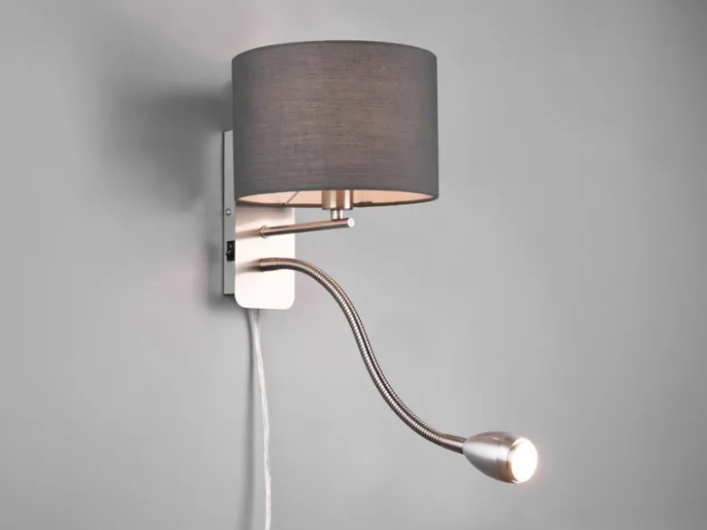Wandlampe HOTEL mit Leselampe, Schalter & Stecker, Stoffschirm Grau, Höhe 23,5cm