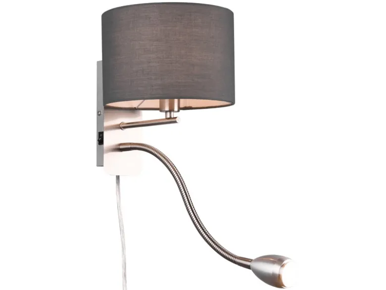 Wandlampe HOTEL mit Leselampe, Schalter & Stecker, Stoffschirm Grau, Höhe 23,5cm