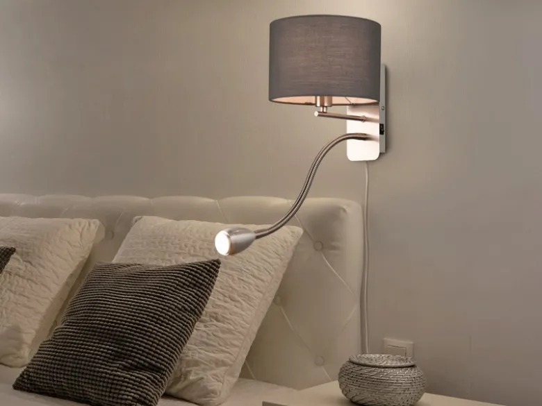 Wandlampe HOTEL mit Leselampe, Schalter & Stecker, Stoffschirm Grau, Höhe 23,5cm