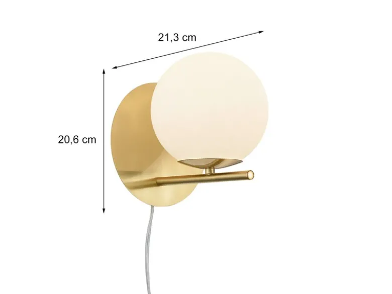 Wandlampe PURE mit Schalter, Kabel und Stecker, Glaskugel Weiß, Höhe 21cm
