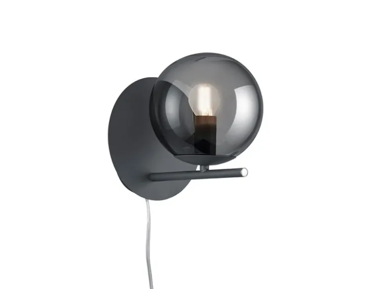 Wandlampe PURE mit Schalter, Kabel und Stecker & Rauchglas Kugel, Höhe 21cm