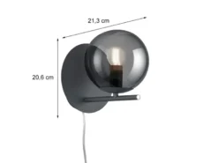 Wandlampe PURE mit Schalter, Kabel und Stecker & Rauchglas Kugel, Höhe 21cm