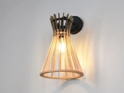 Wandleuchte ALICE mit Schalter & Lamellen Lampenschirm in Holzoptik, Höhe 24cm