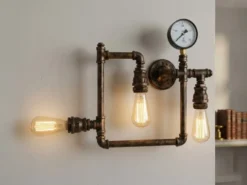 Wandleuchte AMARCORD 3-flammig in Wasserrohr Optik, Rost, Breite 48cm