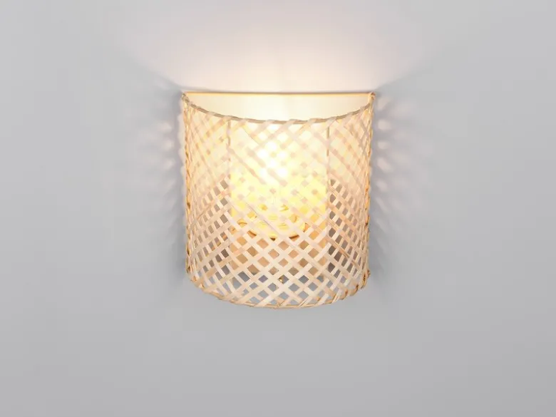 Wandleuchte BINA mit Lampenschirm aus Bambus & Schalter, Höhe 19cm