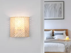 Wandleuchte BINA mit Lampenschirm aus Bambus & Schalter, Höhe 19cm