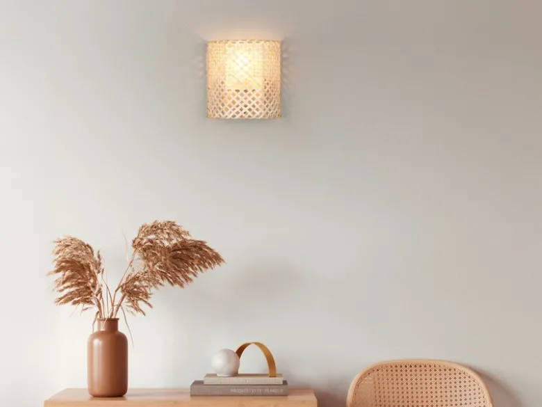 Wandleuchte BINA mit Lampenschirm aus Bambus & Schalter, Höhe 19cm