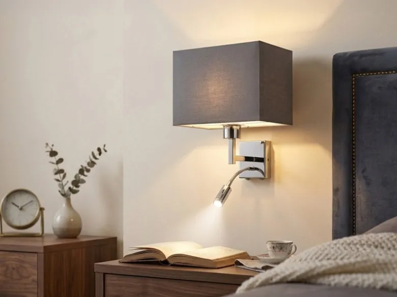 Wandleuchte CAIMA mit Schalter, LED Leselampe & Stoffschirm Grau, Höhe 31cm