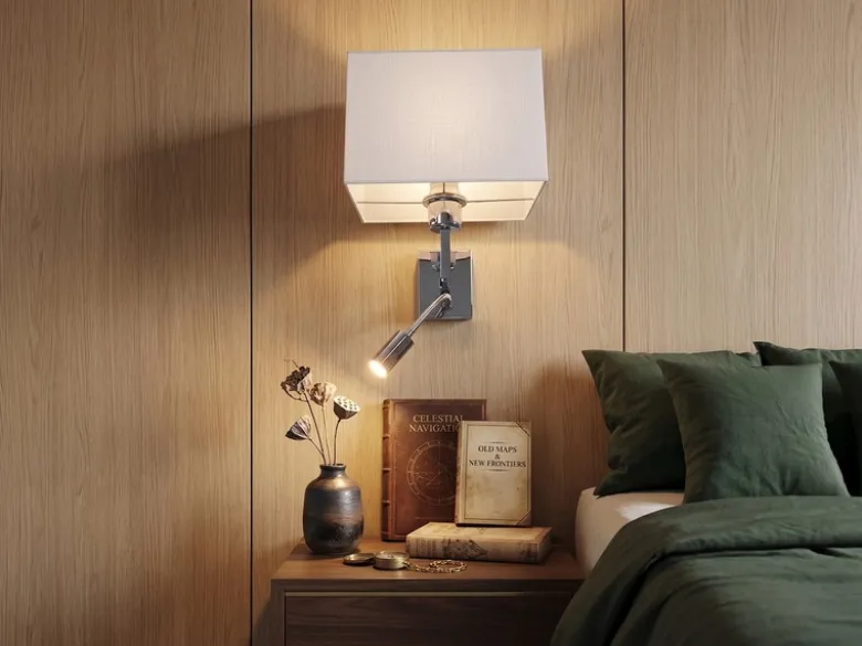 Wandleuchte CAIMA mit Schalter, LED Leselampe & Stoffschirm Weiß, Höhe 31cm