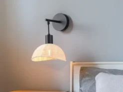 Wandleuchte CALVI mit Schalter & Rattan Lampenschirm, Höhe 26,5cm