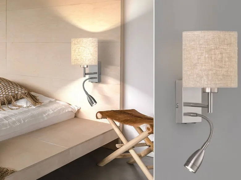 Wandleuchte DREAMER mit LED Leselampe, Stoffschirm Beige, Höhe 24cm