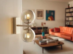 Wandleuchte Gold Messing & Glaskugeln, mit Schalter & LED dimmbar, Höhe 23cm