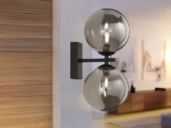 Wandleuchte HONEY 2-flammig Schwarz - Glaskugeln Rauchglas, Höhe 34cm