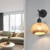 Wandleuchte LEONIE mit Schalter & Korb Lampenschirm aus Bambus, Höhe 30cm