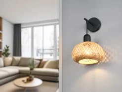 Wandleuchte LEONIE mit Schalter & Korb Lampenschirm aus Bambus, Höhe 30cm