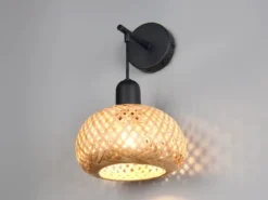 Wandleuchte LEONIE mit Schalter & Korb Lampenschirm aus Bambus, Höhe 30cm