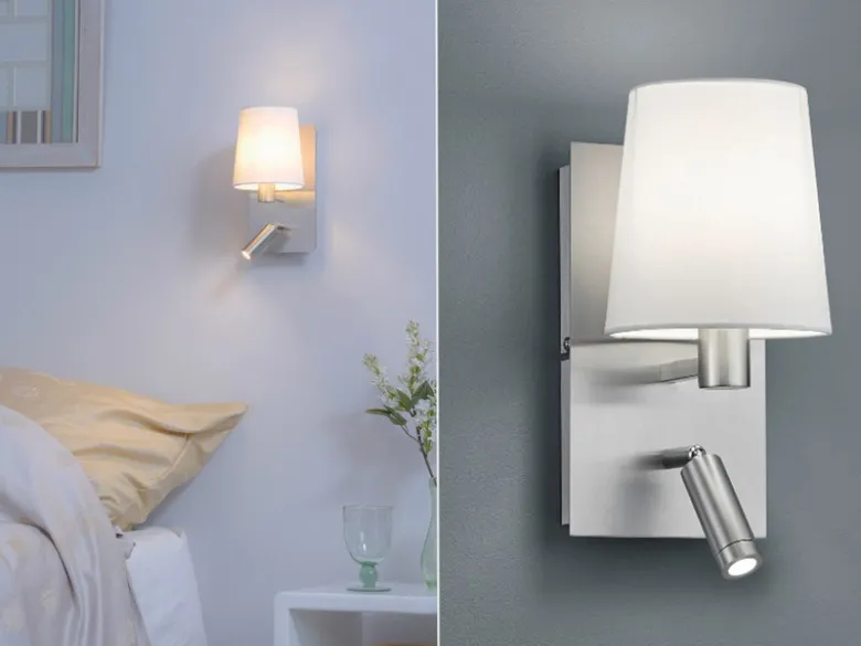 Wandleuchte MARRIOT Silber mit schwenkbarem Leselicht & Stoffschirm Weiß, H:31cm