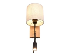 Wandleuchte NILAM mit Leselampe Schalter & Stecker, Holz mit Stoffschirm H: 30cm