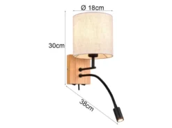 Wandleuchte NILAM mit Leselampe Schalter & Stecker, Holz mit Stoffschirm H: 30cm