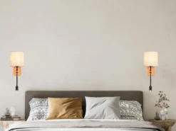 Wandleuchte NILAM mit Leselampe Schalter & Stecker, Holz mit Stoffschirm H: 30cm