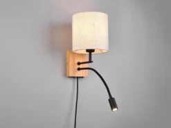 Wandleuchte NILAM mit Leselampe Schalter & Stecker, Holz mit Stoffschirm H: 30cm