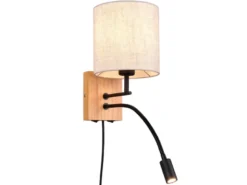 Wandleuchte NILAM mit Leselampe Schalter & Stecker, Holz mit Stoffschirm H: 30cm