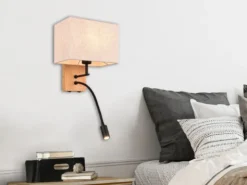 Wandleuchte NILAM mit Leselampe Schalter & Stecker, Holz mit Stoffschirm H: 30cm