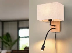 Wandleuchte NILAM mit Leselampe Schalter & Stecker, Holz mit Stoffschirm H: 30cm