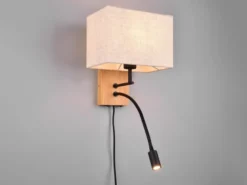 Wandleuchte NILAM mit Leselampe Schalter & Stecker, Holz mit Stoffschirm H: 30cm