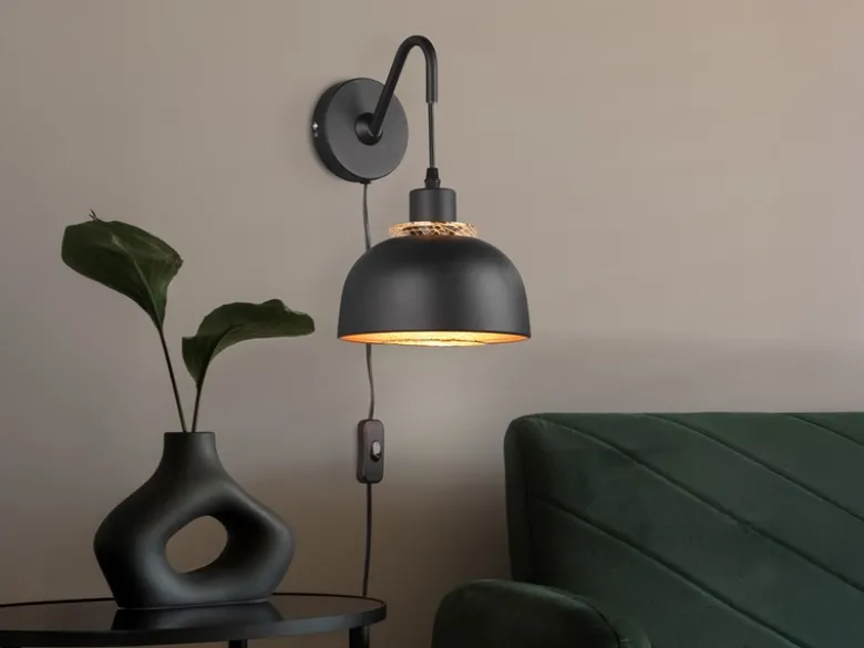Wandleuchte PUNCH mit Schalter & Stecker, Metall Schwarz Gold Höhe 30cm