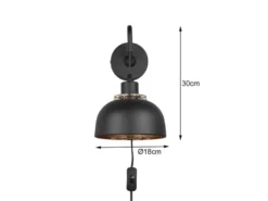 Wandleuchte PUNCH mit Schalter & Stecker, Metall Schwarz Gold Höhe 30cm