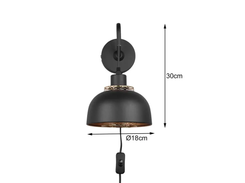 Wandleuchte PUNCH mit Schalter & Stecker, Metall Schwarz Gold Höhe 30cm