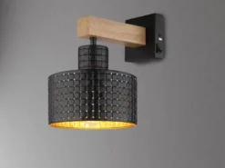 Wandleuchte RIELLY Metall mit Schalter und Stanzmuster Schwarz Gold, Höhe 24,5cm